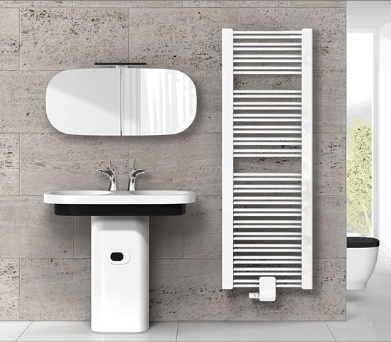 Design radiator mounted on bathroom wall