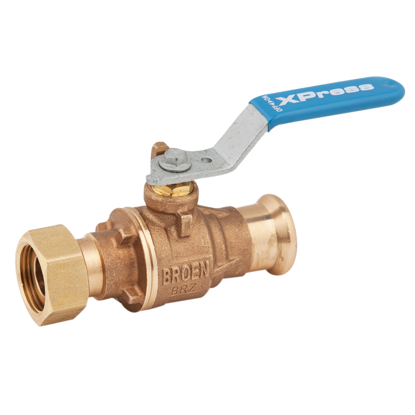 Broen Xpress Brass full flow valve press & swivel connection with extended handle. Available in sizes 15 - 22mm by 3/4". 