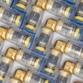 KELOX Multilayer CLIX Elbow Fittings KELOX Multilayer Piping System CLIX 90 degree Elbow Fittings all lined up together and photographed as a close up.